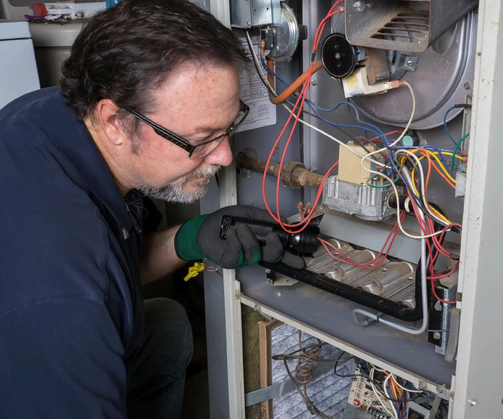 A Fesmire technician in safety gloves checking the wiring of a gas furnace