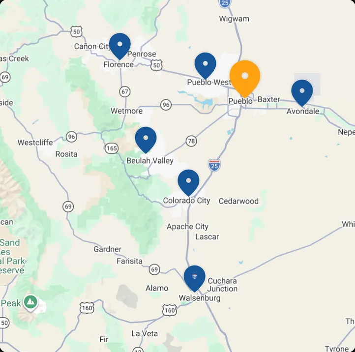 Map of the Fesmire Heating & Air Conditioning service area around Pueblo, Colorado, from Florence and Pueblo West to Avondale, Colorado City and Walsenburg